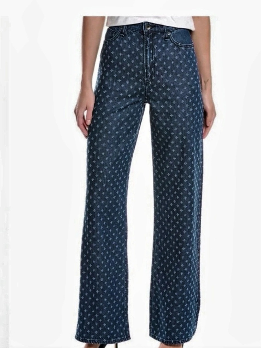 rag & bone Lori Mid-Rise Wide Leg Geometric Wide Leg Jeans in Blue Waist 30 NWT